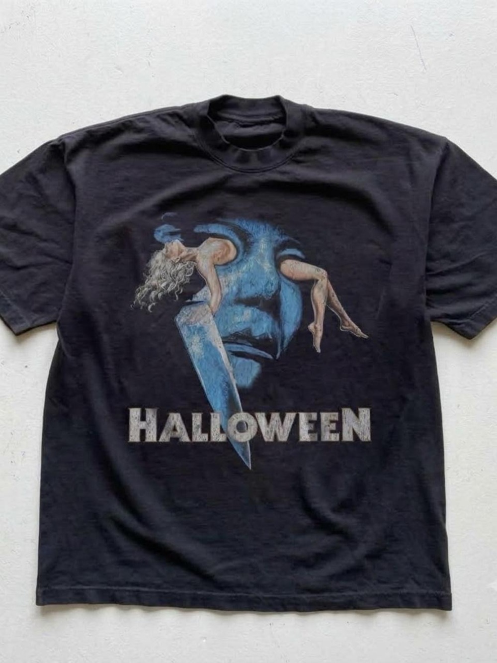 Gildan Black Halloween Graphic Tee with Blue Mask Art